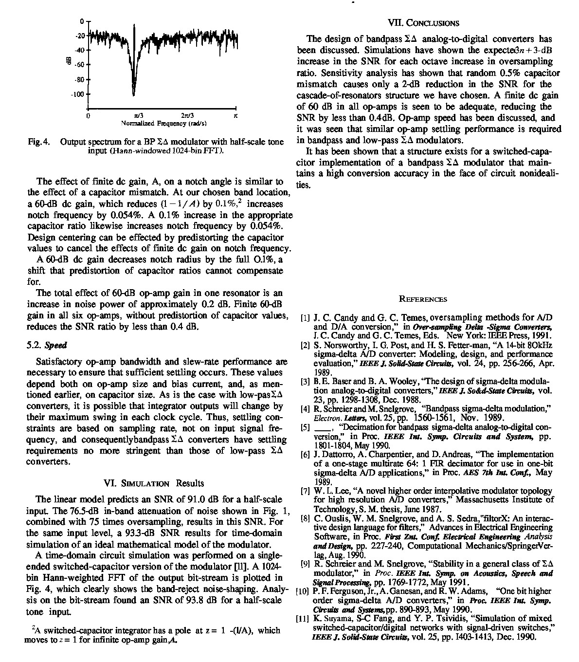 Bandpass delta-sigma output spectrum showing noise-shaped notch at center frequency - Jantzi 1991